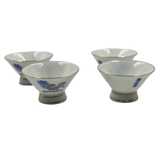 Kiku Masamune Dining Saki Small Cups Footed Blue White Authentic Seal Japan Made - Picture 1 of 6
